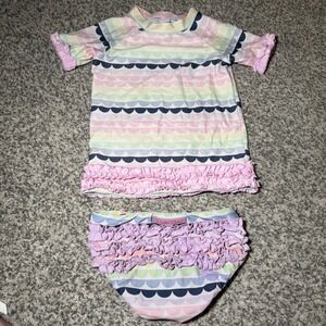 RuffleButts Girls Pastel Scallop Rash Guard and Ruffle Bottom Swimsuit Set